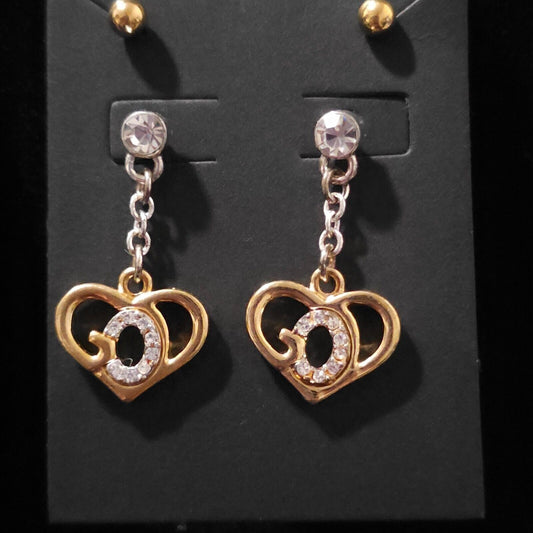 Gold Tone Heart C Curve God Clear Rhinestones and Gold Tone Earrings Set