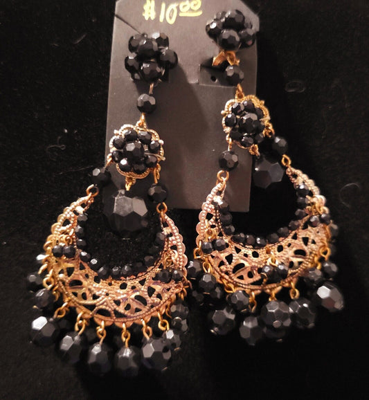 Large Dangle Chandelier Earrings Gold Tone Black Beaded Bohemian 3.5" x 2"