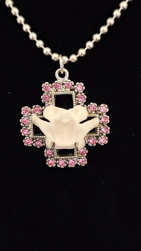 Coyote Bone on Pink Rhinestone Cross Necklace