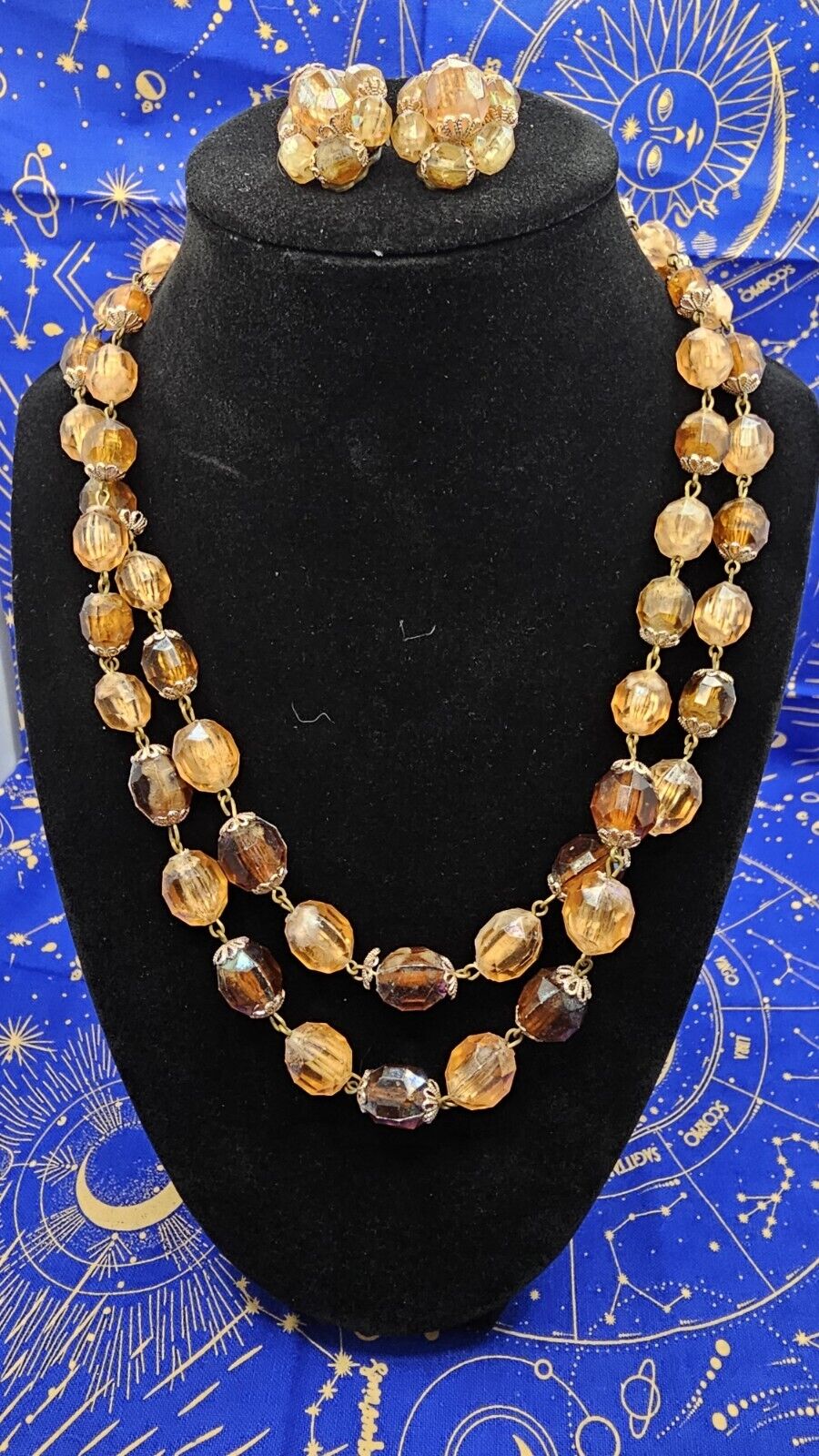 Vintage Western Germany Peach Amber Beaded Necklace Cluster Clip Earrings Set