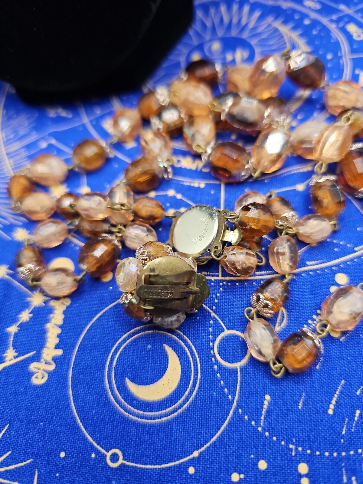 Vintage Western Germany Peach Amber Beaded Necklace Cluster Clip Earrings Set