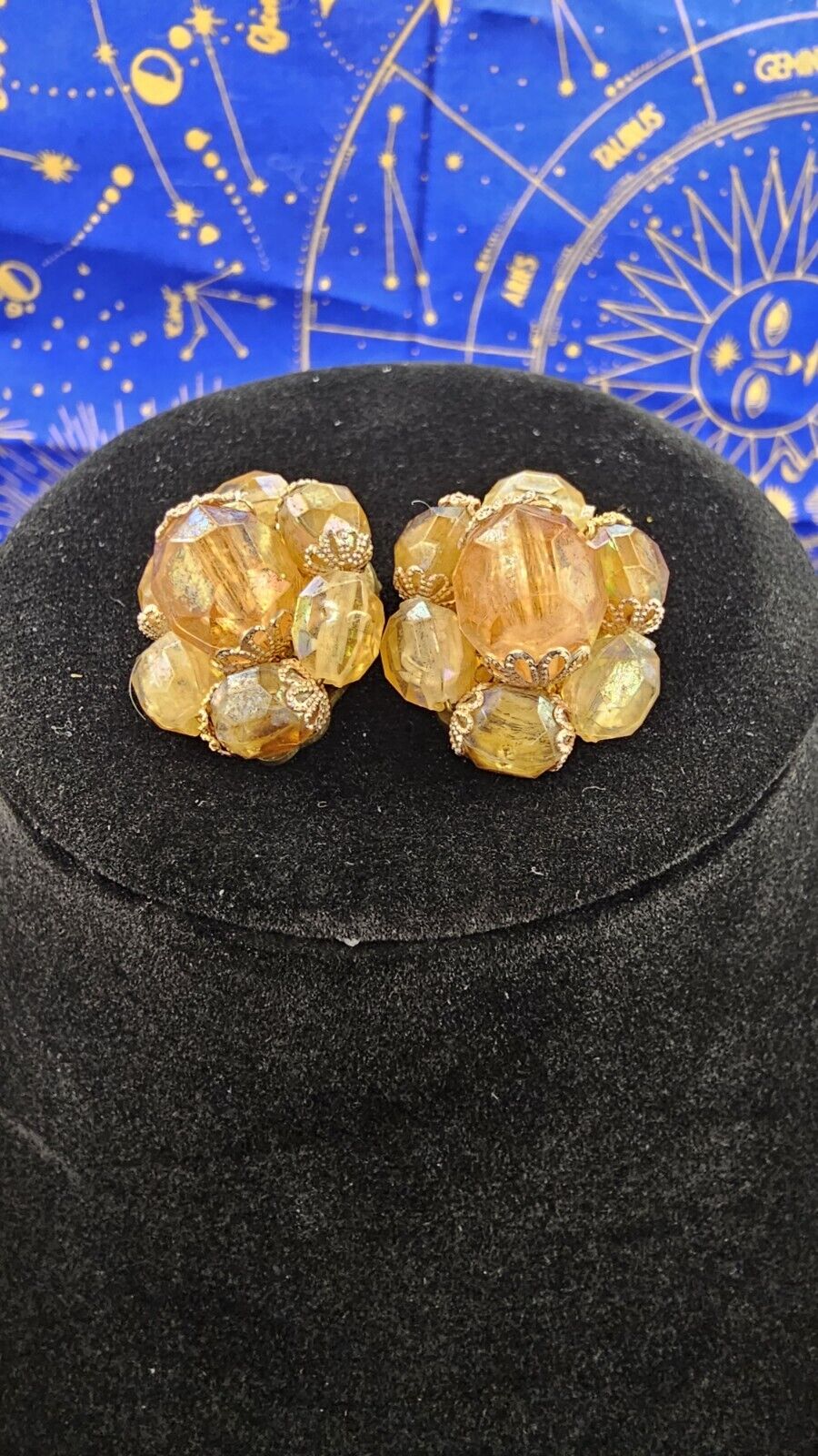 Vintage Western Germany Peach Amber Beaded Necklace Cluster Clip Earrings Set