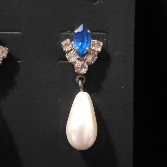 Blue Rhinestone and Pearl Dangle Earrings