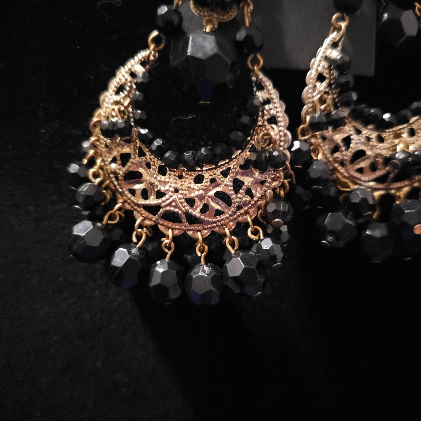 Large Dangle Chandelier Earrings Gold Tone Black Beaded Bohemian 3.5" x 2"